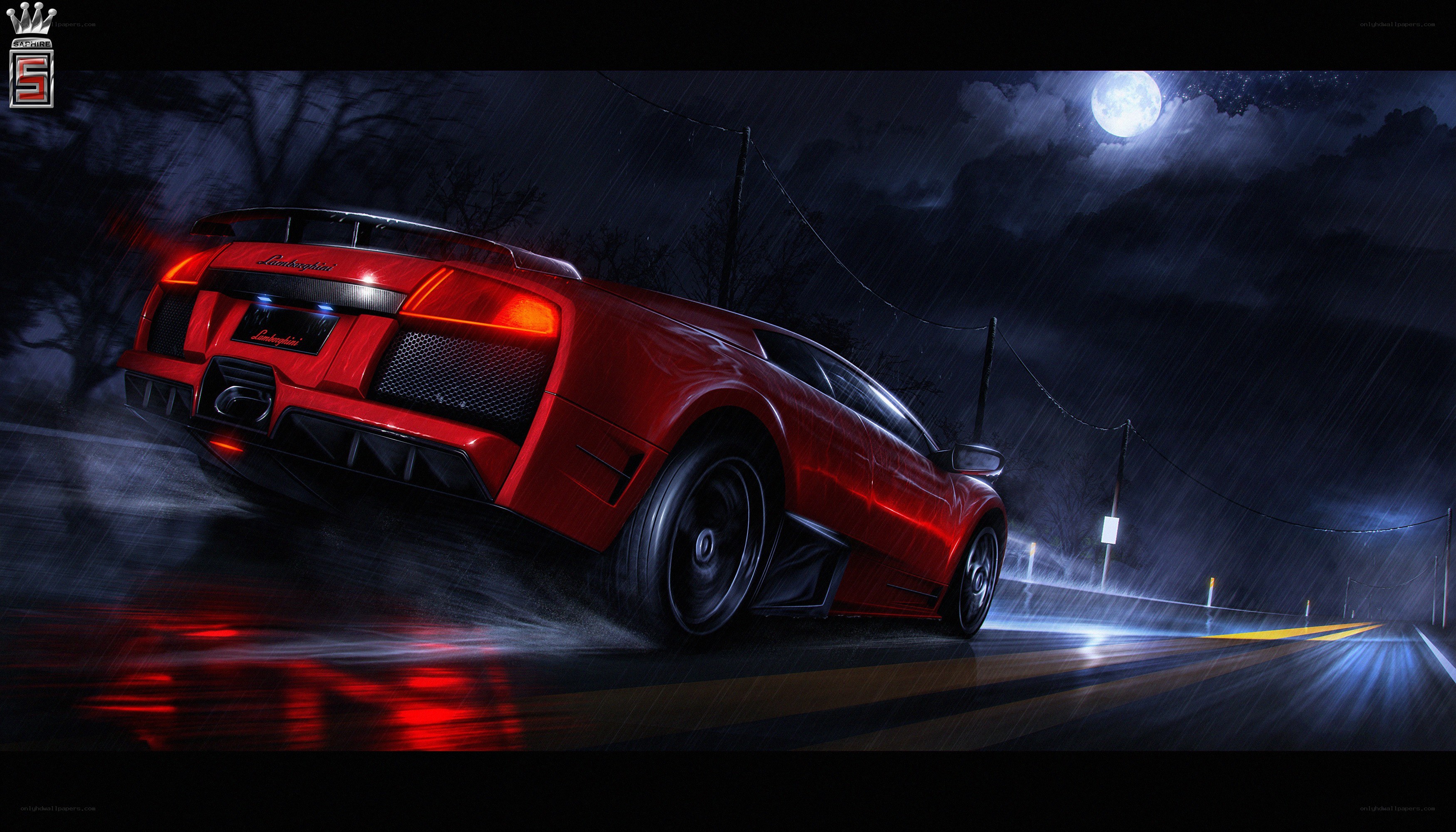 Red Lamborghini at night in rain