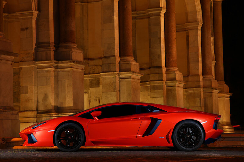 Red Lamborghini Aventador at night