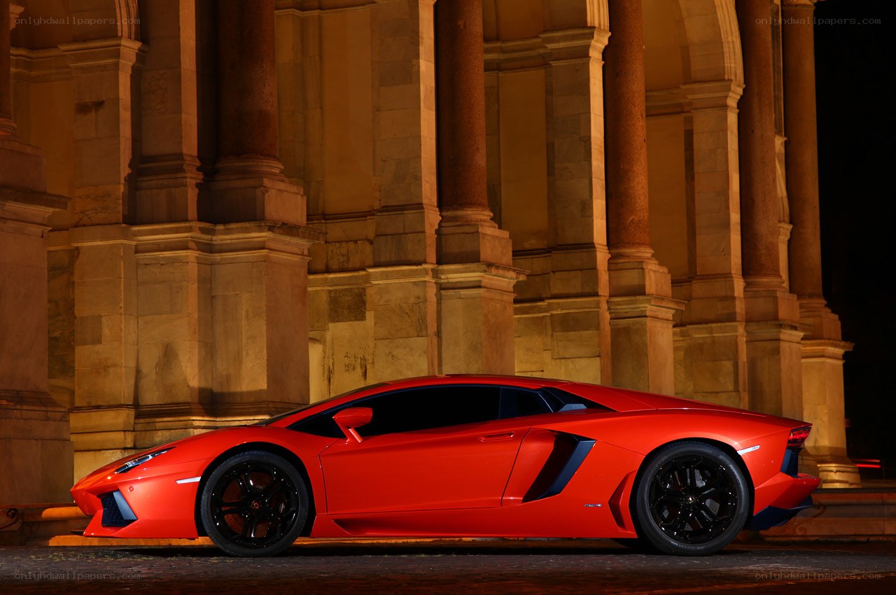 Red Lamborghini Aventador at night
