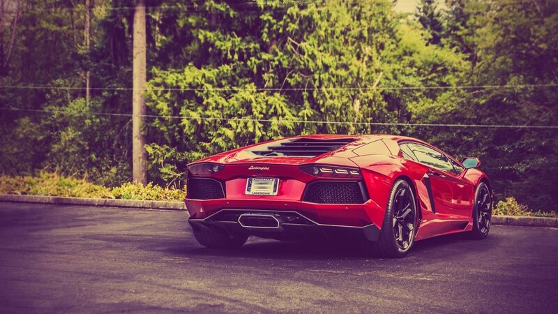 Red Lamborghini Aventador — Dramatic, Afternoon, Photograph, Car, Trees