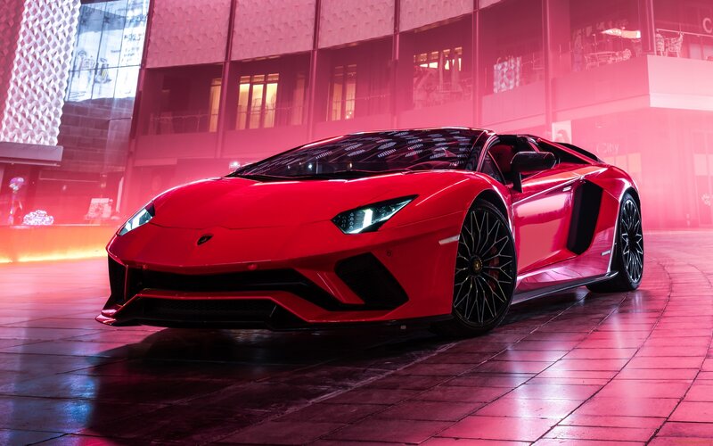 Red Lamborghini Aventador — Dramatic, Night, Photograph, Car, Building