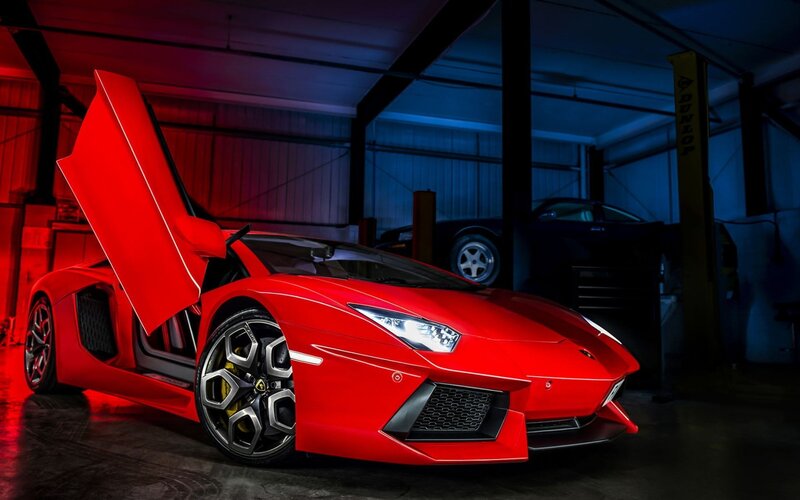 Red Lamborghini Aventador — Dramatic, Night, Photograph, Car Door, Garage