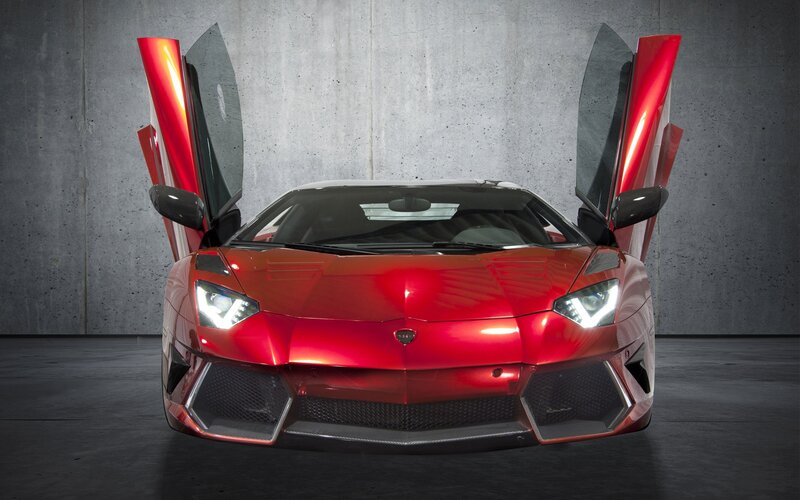 Red Lamborghini Aventador — Dramatic, Photograph, Car Doors, Concrete Wall, Headlights, Black, Gray