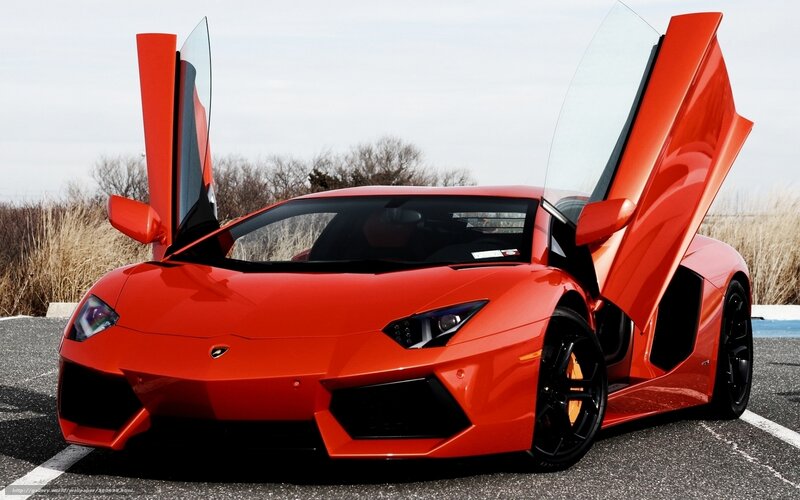 Red Lamborghini Aventador — Dramatic, Photograph, Car, Doors, Parking Lot