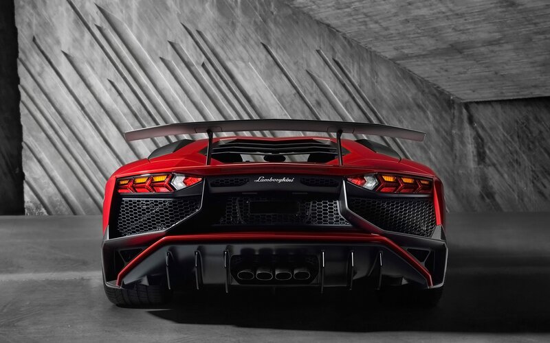 Red Lamborghini Aventador — Dramatic, Photograph, Car, Rear Wing, Concrete Wall