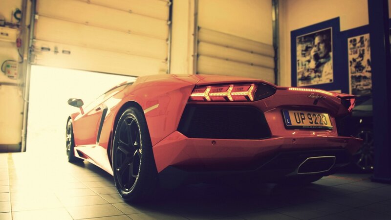 Red Lamborghini Aventador — Dramatic, Photograph, Garage, Poster