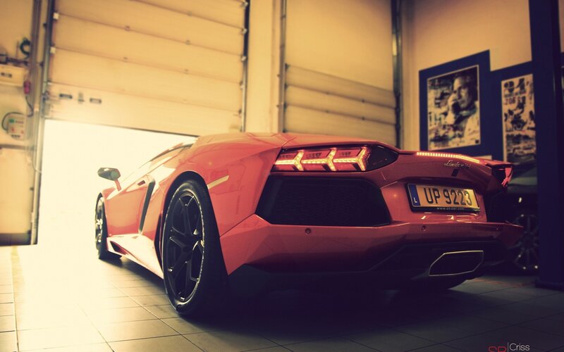 Red Lamborghini Aventador — Dramatic, Photograph, Garage
