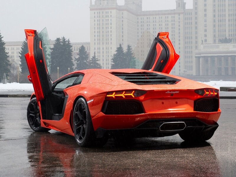 Red Lamborghini Aventador — Dramatic, Winter, Photograph, Car