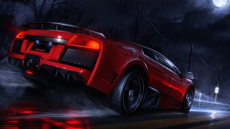 Red Lamborghini Car — Dramatic, Night, Digital Art, Rain, Moon