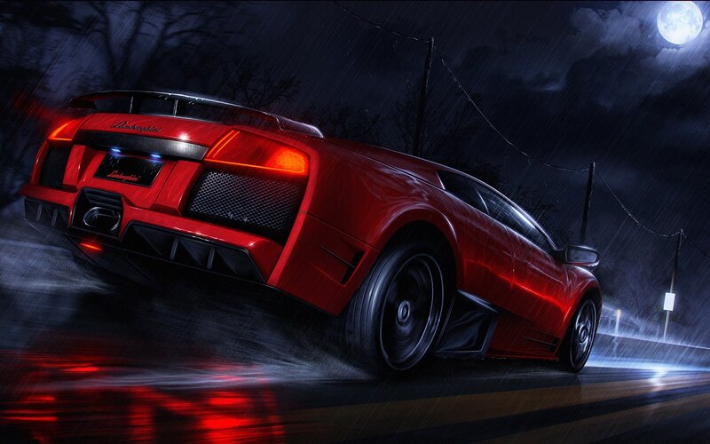 Red Lamborghini Car — Dramatic, Night, Digital Art