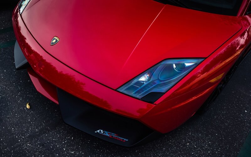 Red Lamborghini Car — Dramatic, Photograph, Headlight, Hood