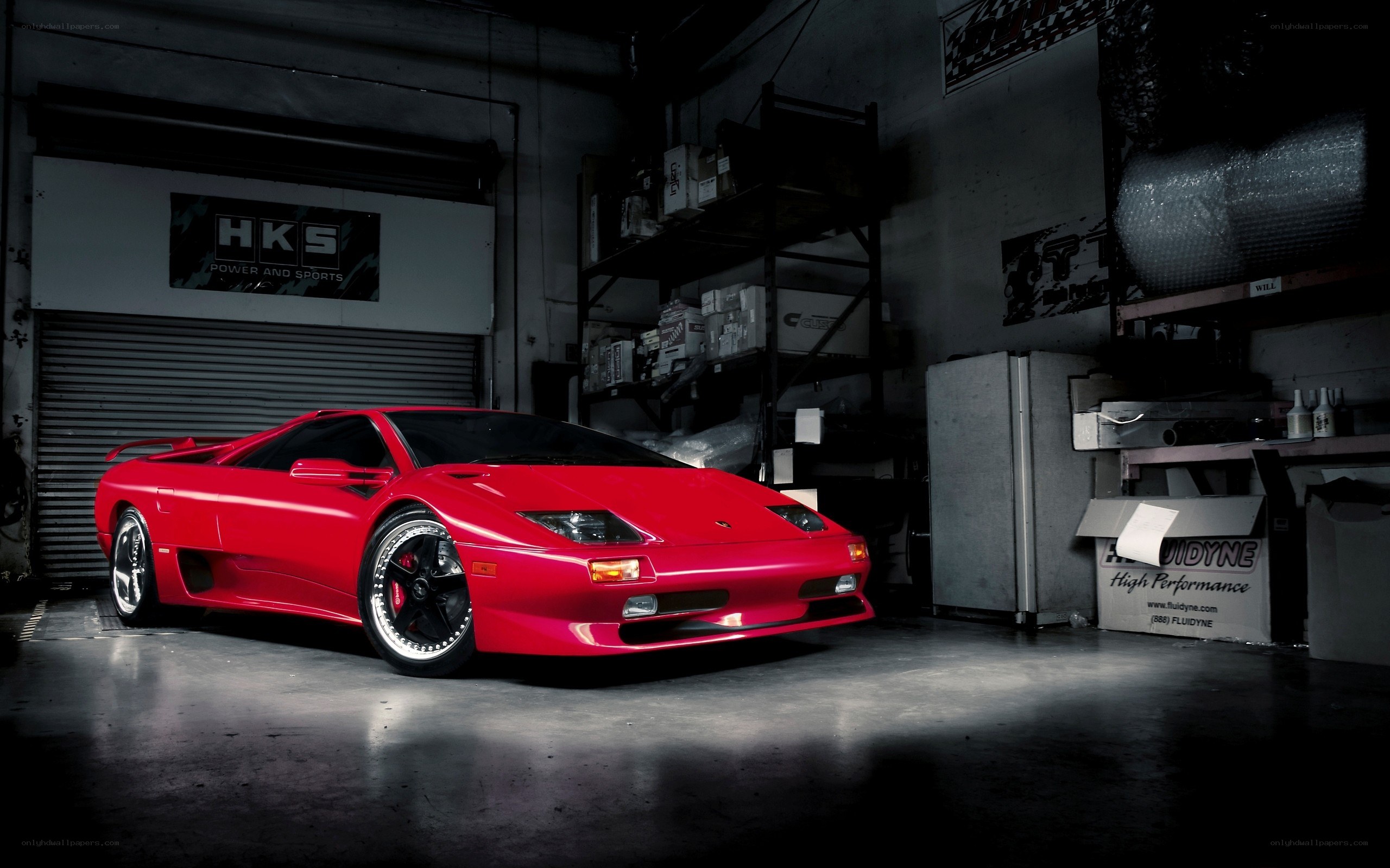 Red Lamborghini Diablo in garage