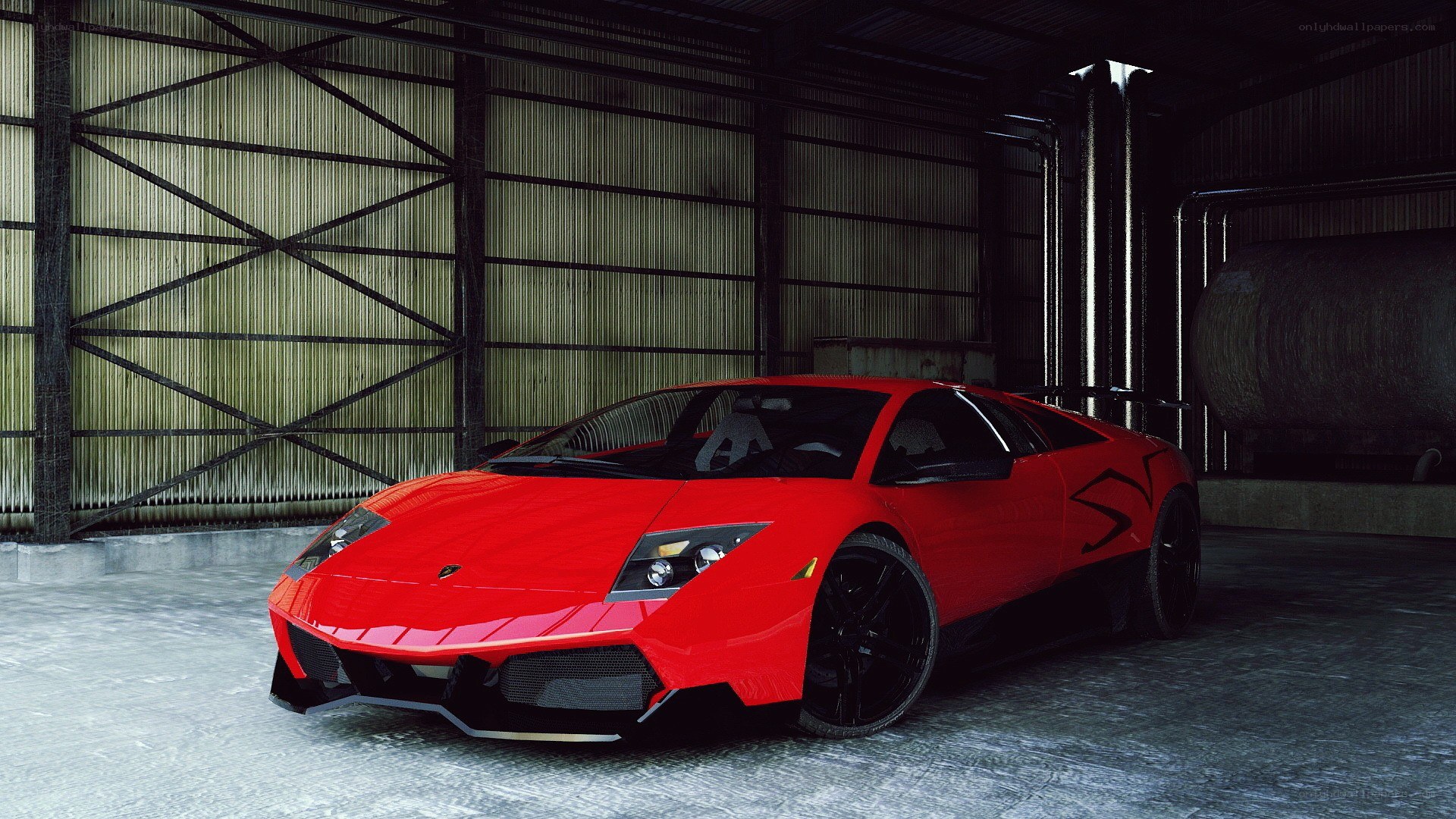 Red Lamborghini in a warehouse