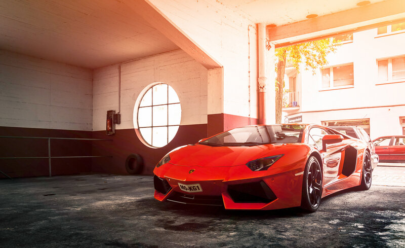 Red Lamborghini in garage