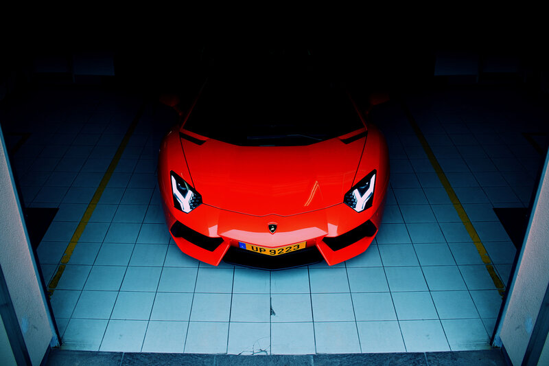 Red Lamborghini in Garage — Dramatic