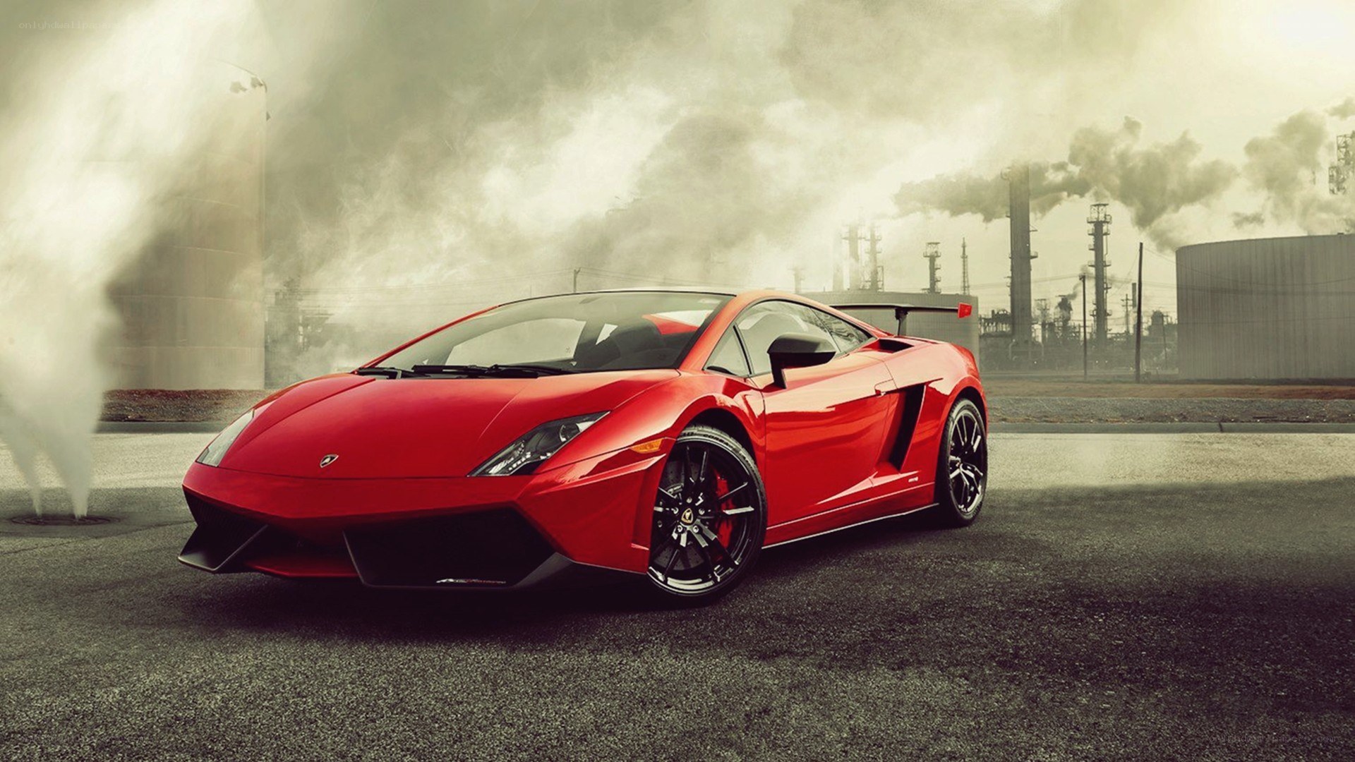 Red Lamborghini in industrial setting