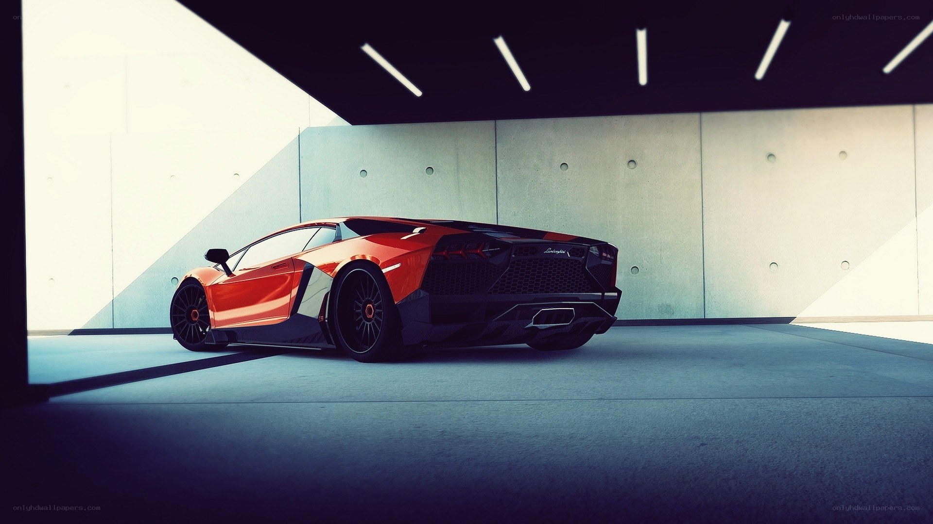 Red Lamborghini in modern garage