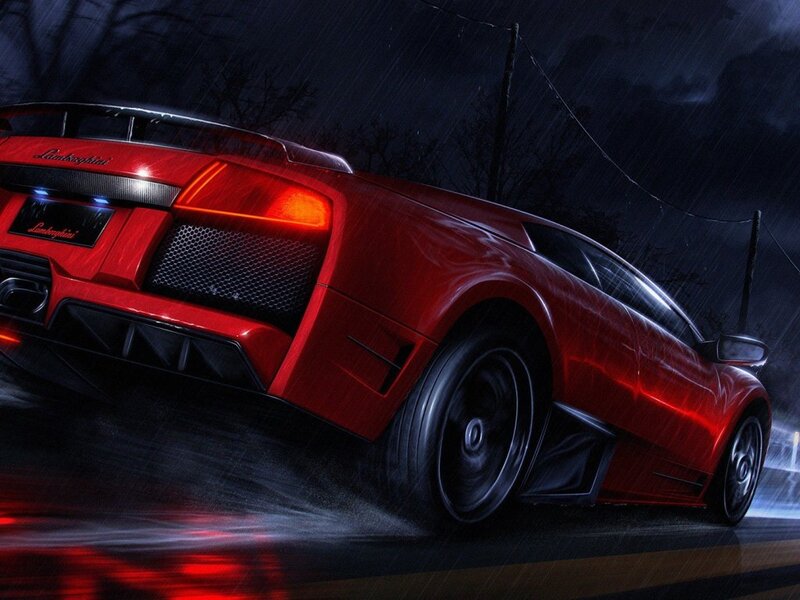 Red Lamborghini in Rain — Dramatic, Night