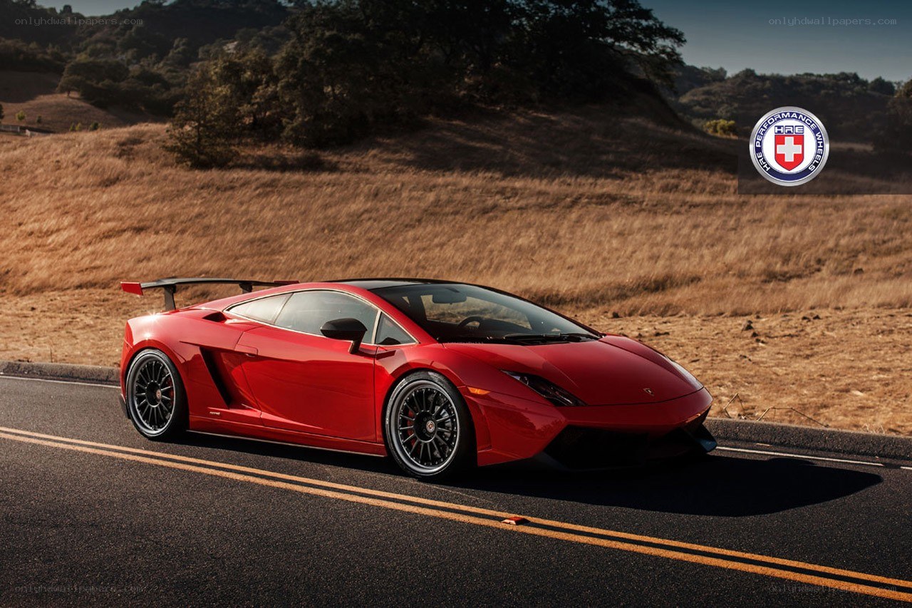 Red Lamborghini on a country road