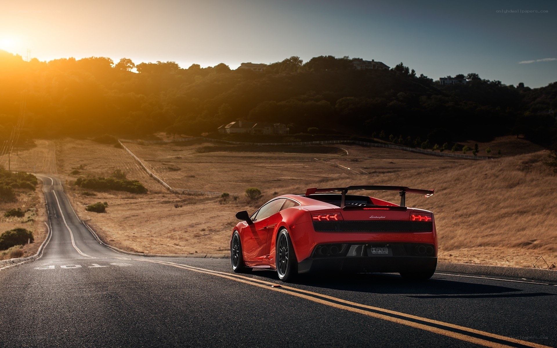 Red Lamborghini on a winding road