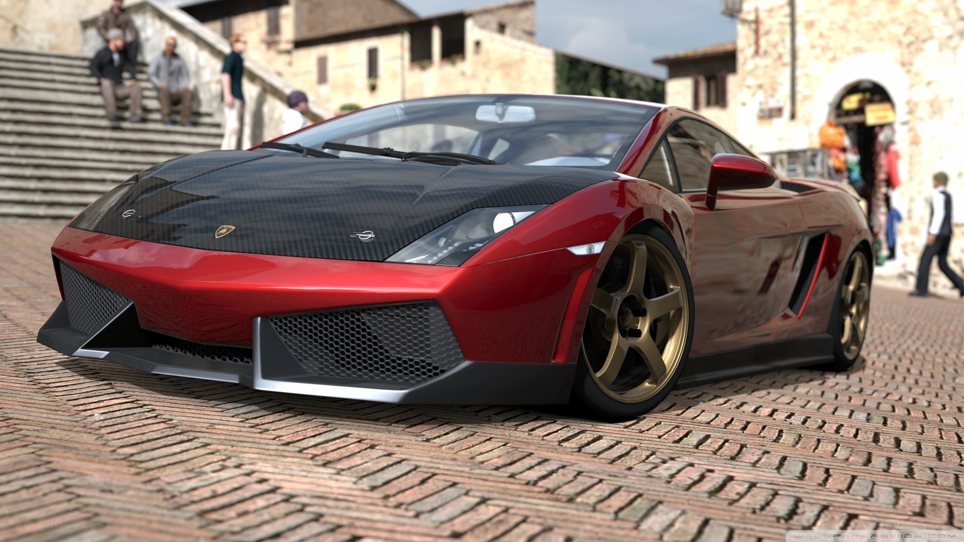 Red Lamborghini on cobblestones