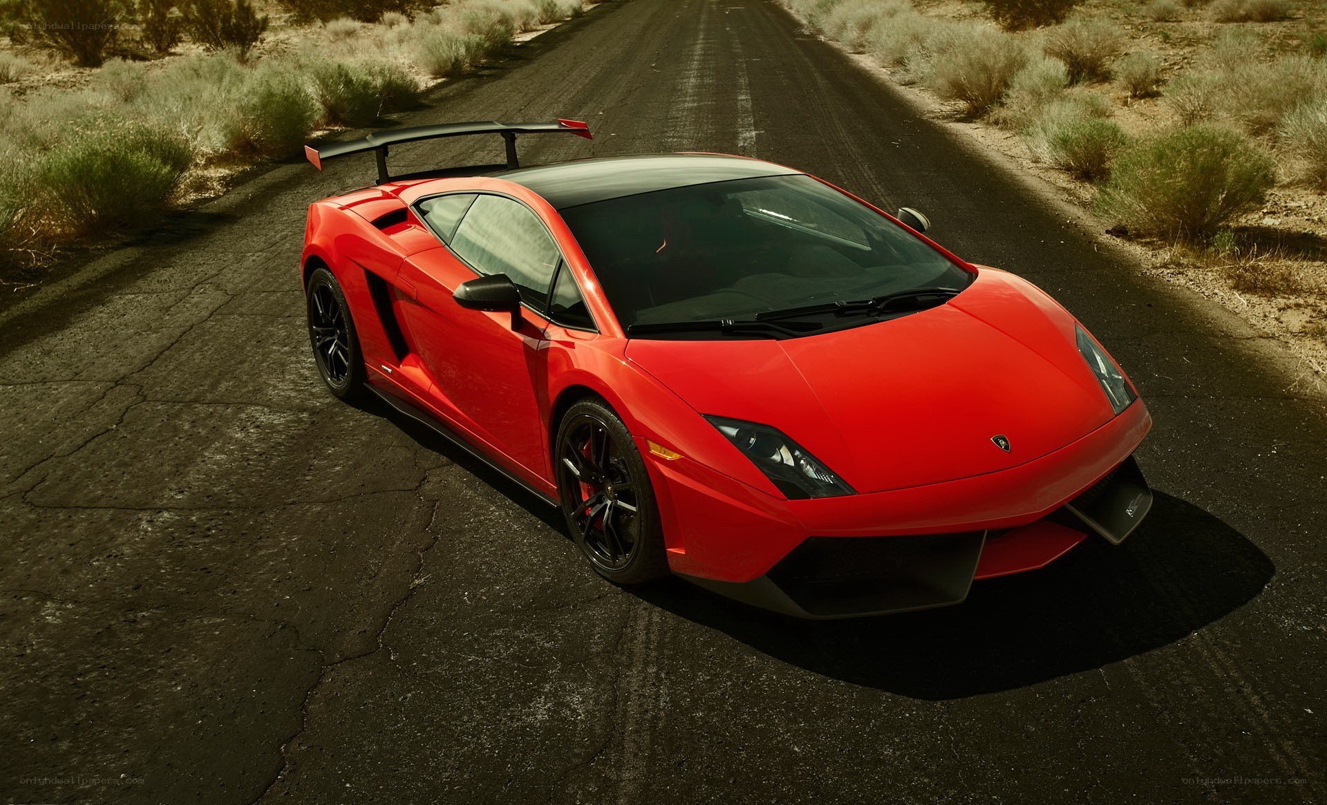 Red Lamborghini on desert road
