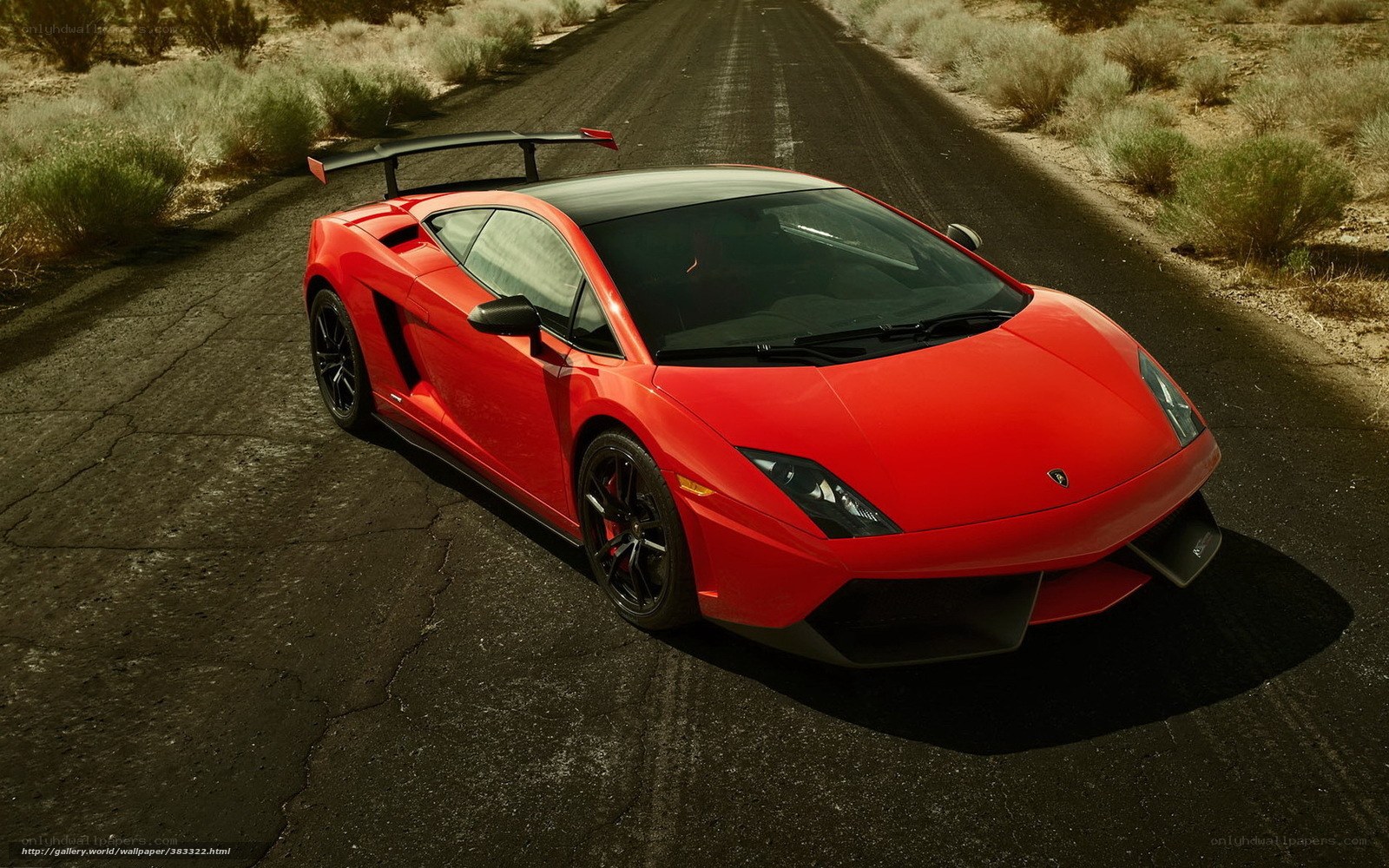Red Lamborghini on desert road