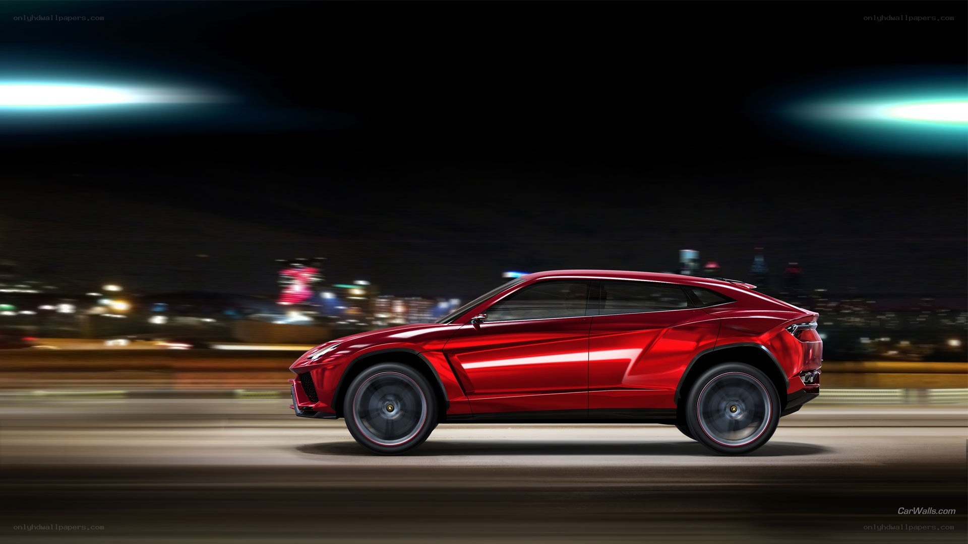 Red Lamborghini SUV at night