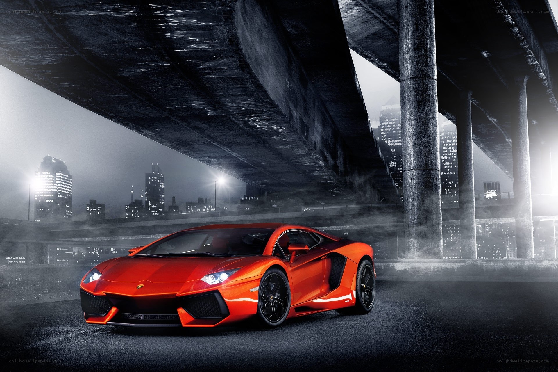 Red Lamborghini under highway