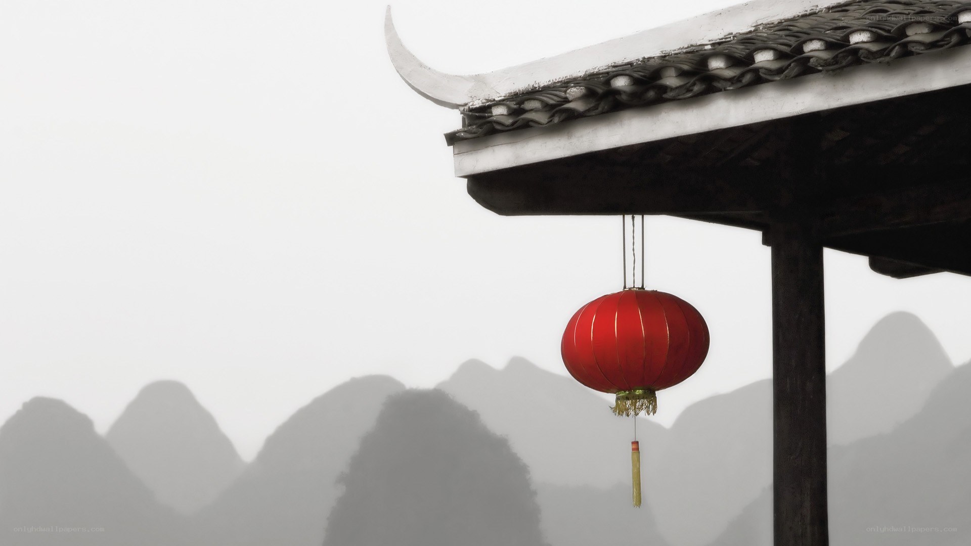 Red lantern at traditional building