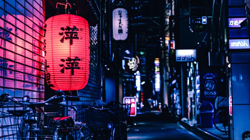 Red Lantern in Alley — Dark