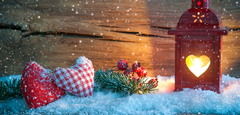 Red Lantern in Snow — Cozy, Winter, Photograph, Hearts