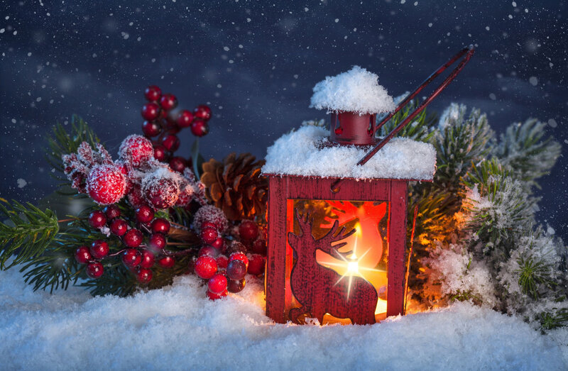Red Lantern in Snow — Festive, Night, Photograph, Berries