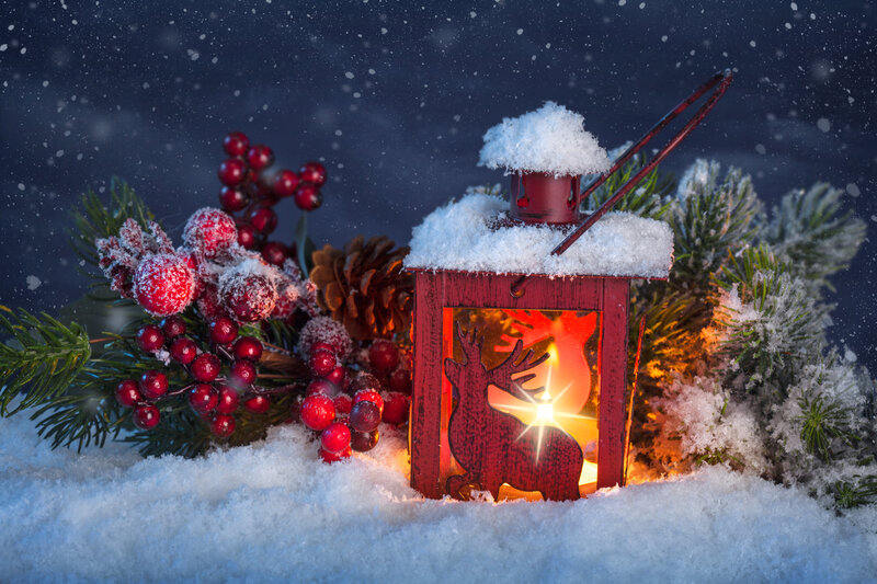 Red Lantern in Snow — Festive, Night