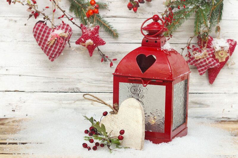 Red Lantern in Snow — Festive, Winter, Photograph, Heart Ornaments