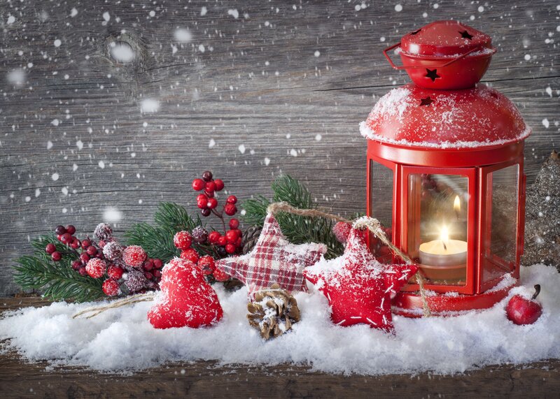 Red Lantern in Snow — Festive, Winter, Photograph, Pine Branches, Berries
