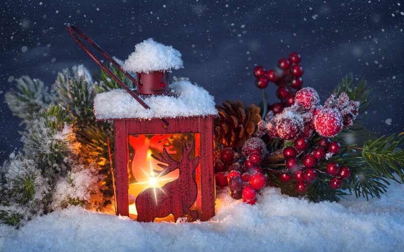 Red Lantern in Snow — Festive, Winter, Photograph, Pine Branches