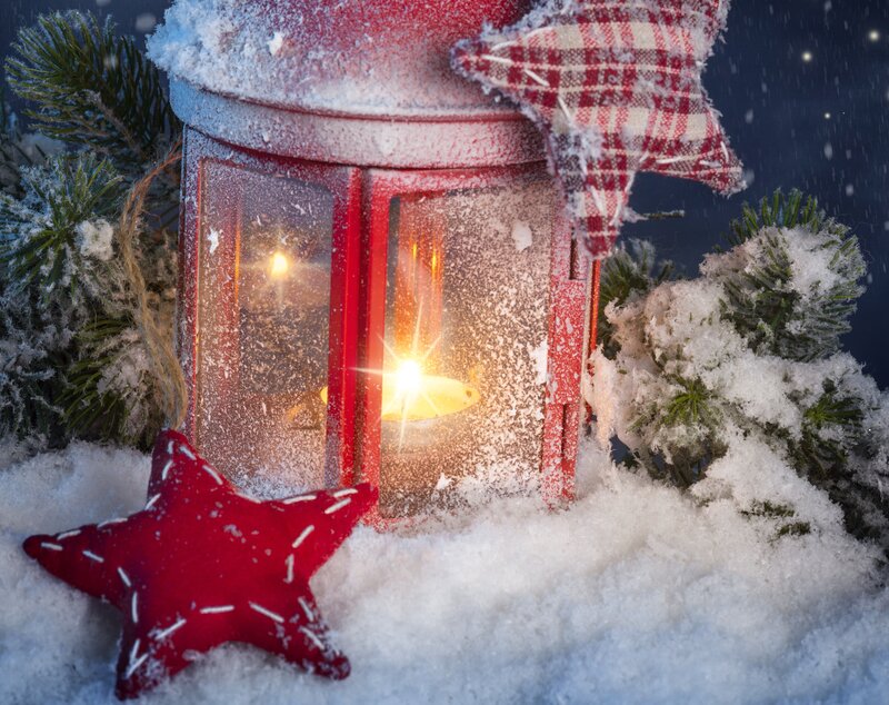 Red Lantern in Snow — Festive, Winter, Photograph, Star