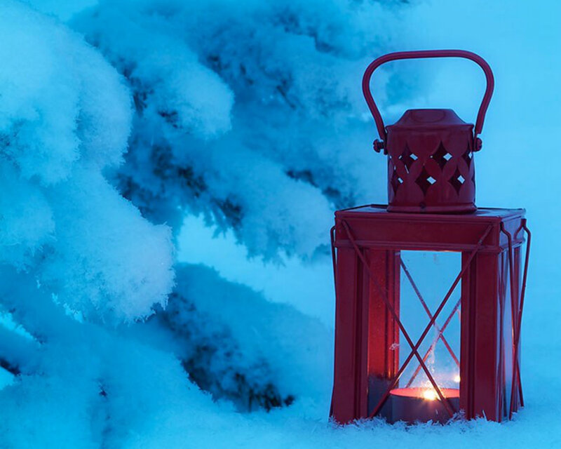 Red Lantern in Snow — Serene, Winter, Photograph