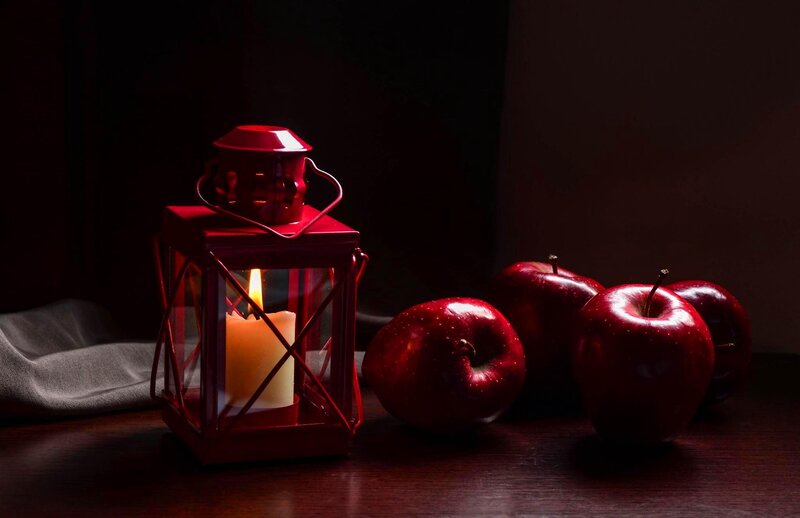 Red Lantern with Apples — Dramatic