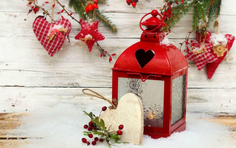 Red Lantern with Ornaments — Festive, Winter, Photograph