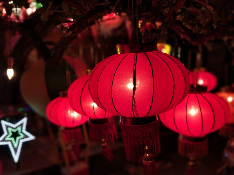 Red Lanterns at Night — Festive, Photograph, Tree Branches