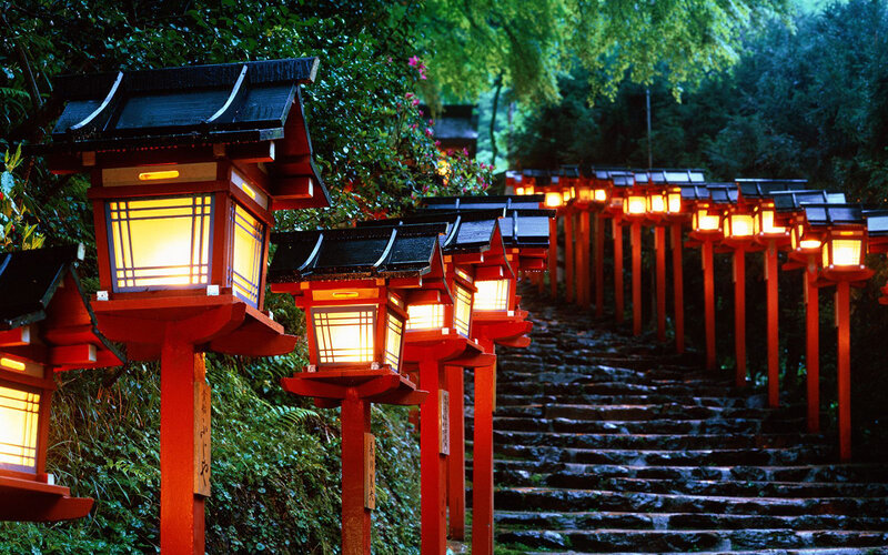 Red Lanterns on Stairs — Serene, Night