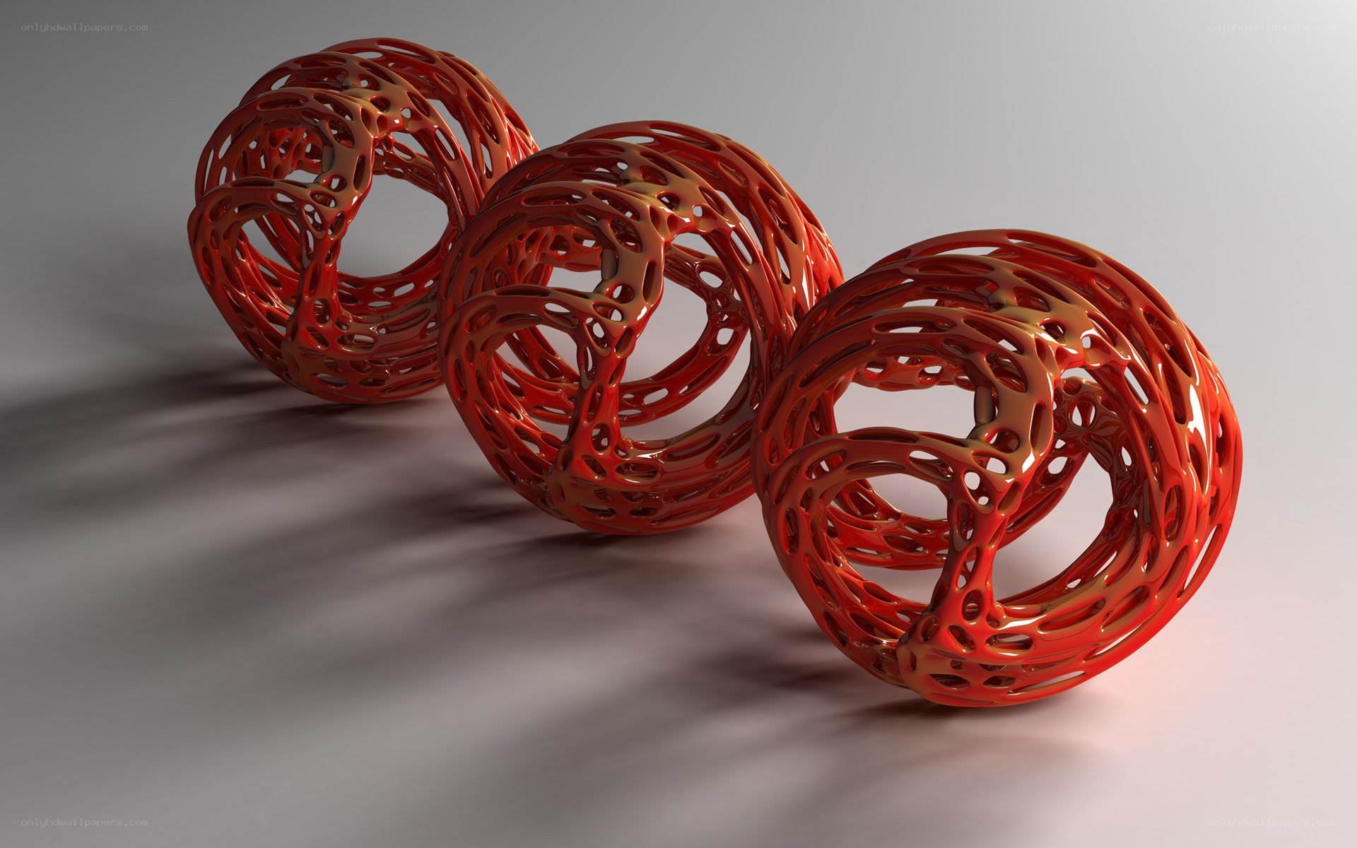 Red lattice spheres in a row