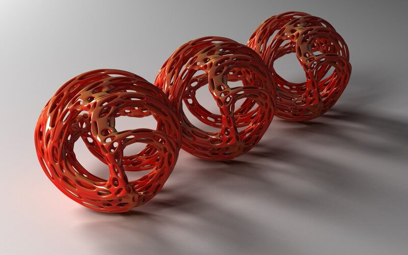 Red lattice spheres sculpture