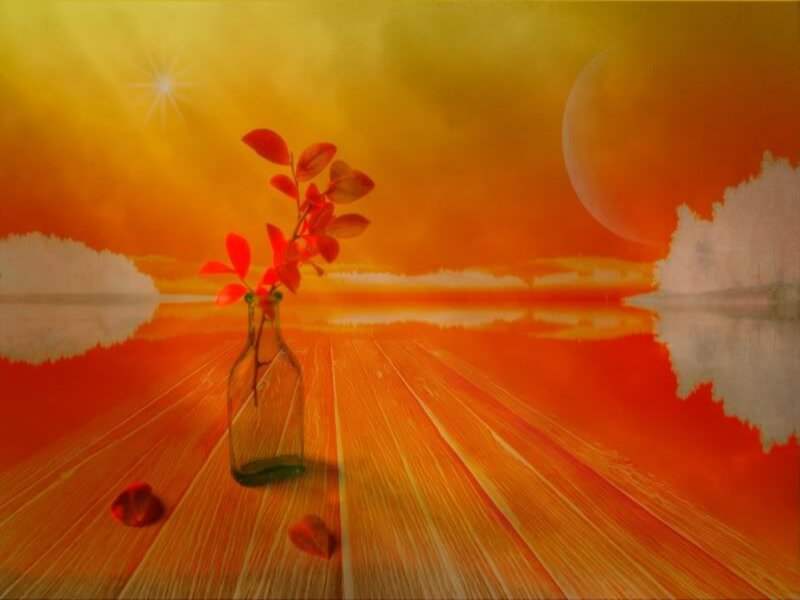 Red Leaf in Glass Bottle