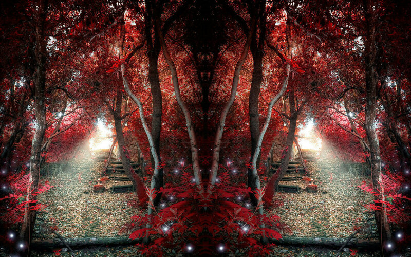 Red-leafed Forest Path — Red, Mystical, Autumn, Digital Art, Trees, Stairs