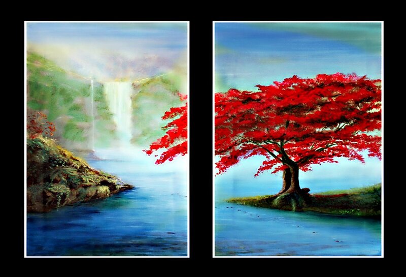 Red-leafed Tree and Waterfall