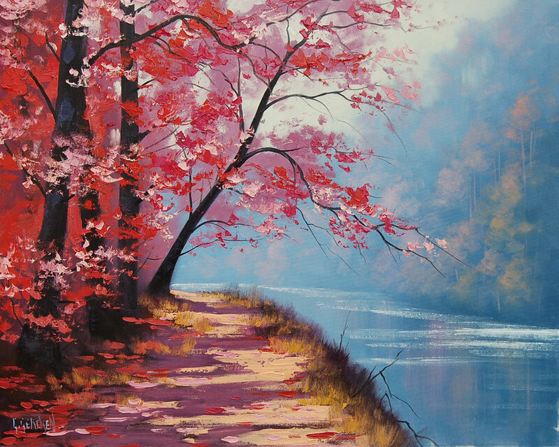 Red-leafed Tree by Lake — Red, Serene, Autumn, Painting