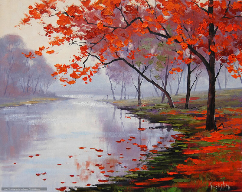 Red-leafed Tree by River